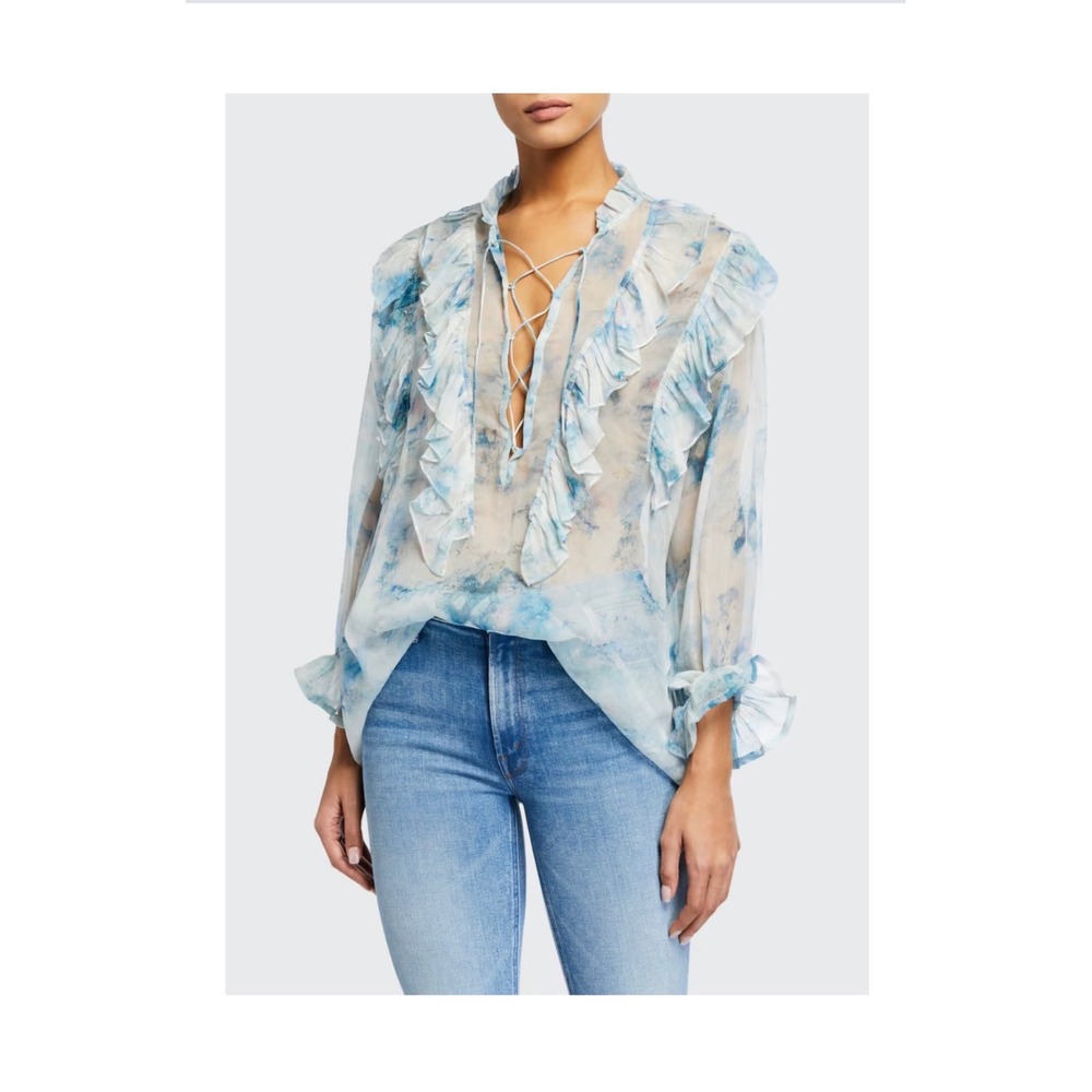 IRO Cruis 20S Blue Watercolor Ruffle Lace Up Blouse Top Size 40 Boho Chic